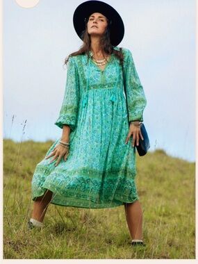 Spell Sundown Boho Midi Dress Turquoise Organic Cotton XXS